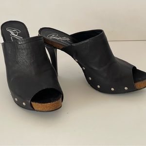 Donald Pliner black leather high heel mules